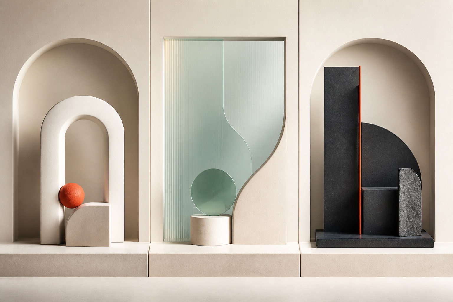 Abstract material triptych representing dental, medspa, and legal growth systems